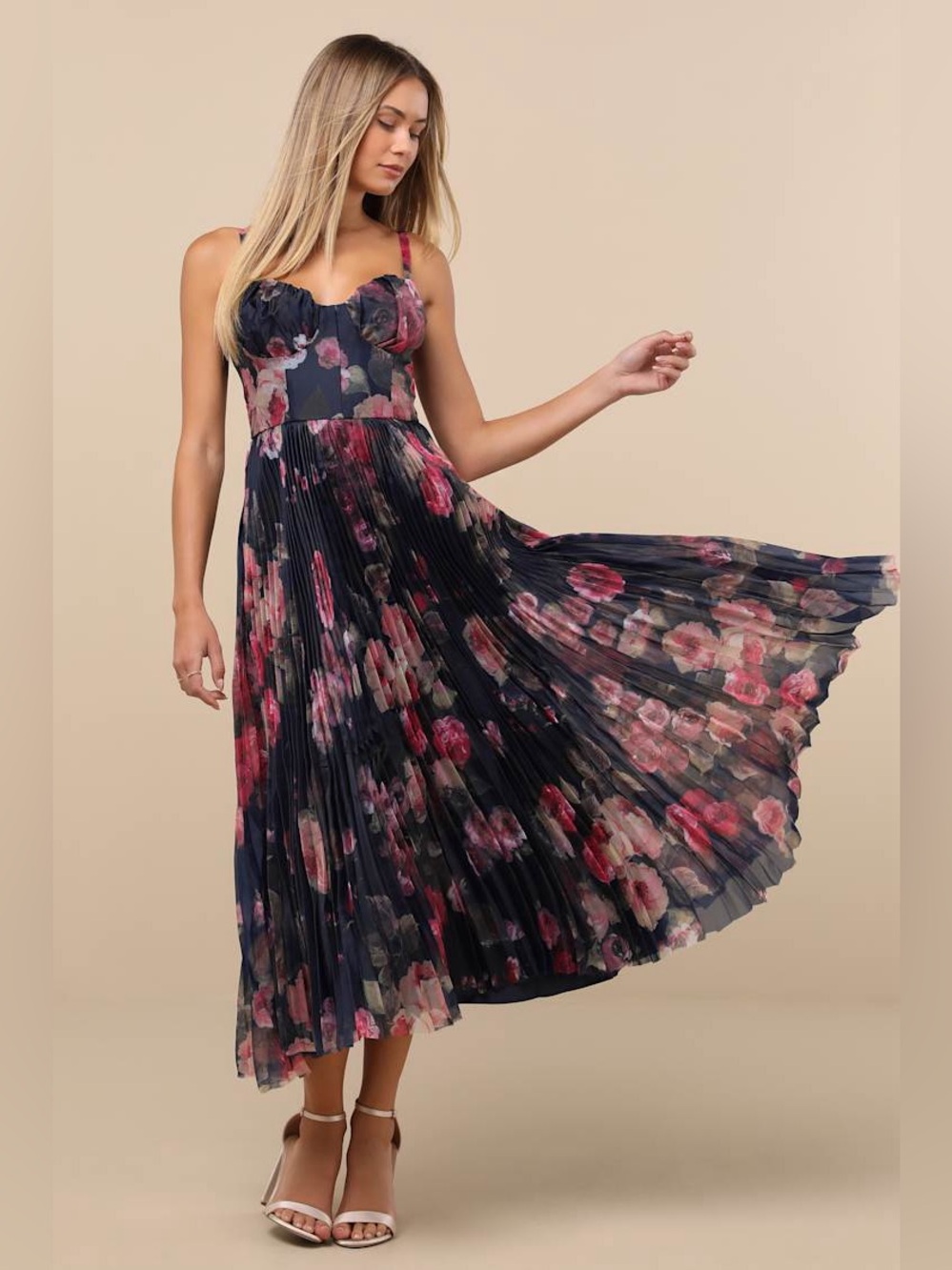 Lulus Alluring Invite Midnight Blue Floral Pleated Bustier Midi Dress Size XL/Sm